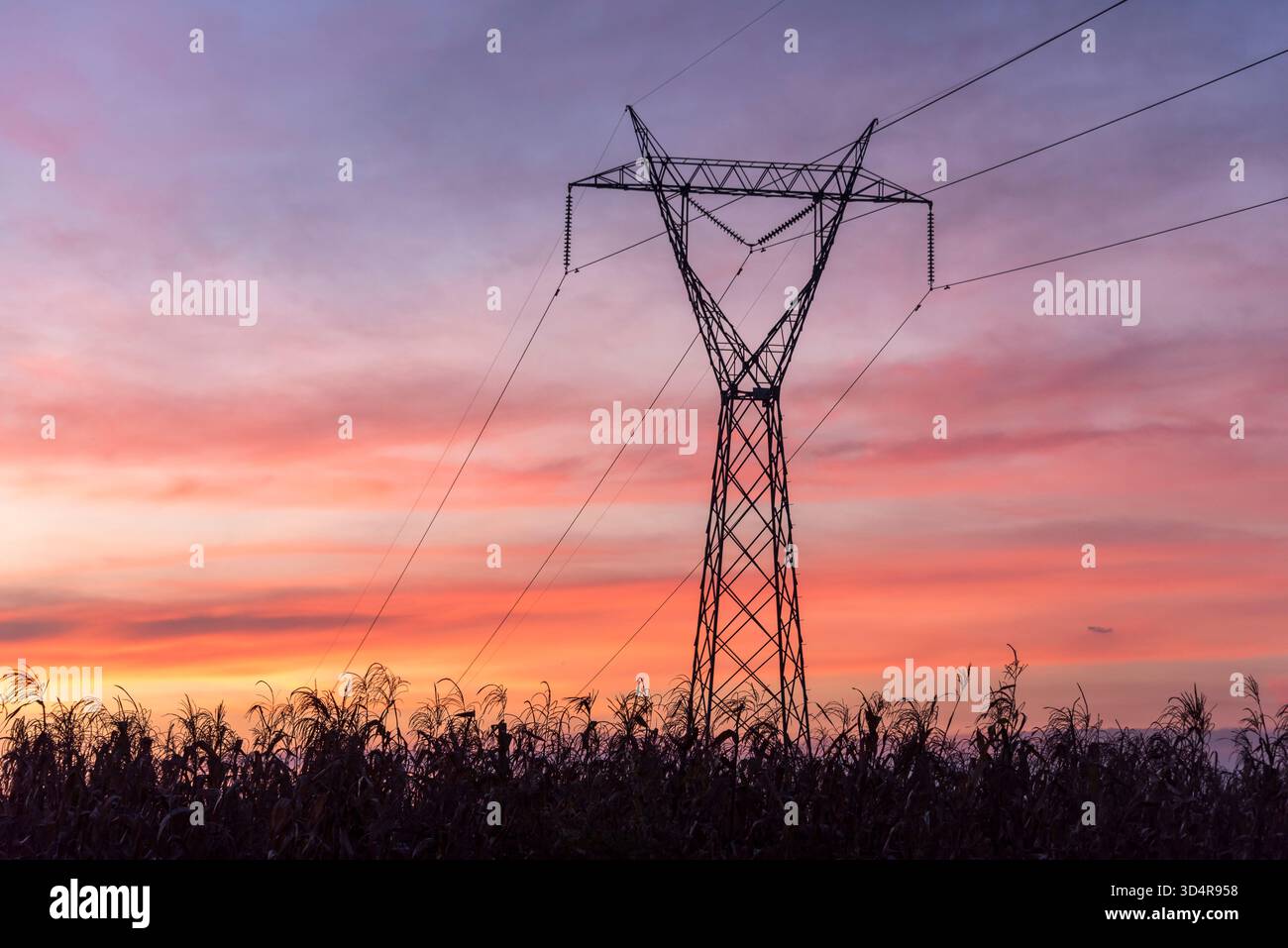 La torre ad alta tensione fa da angaista al cielo. Foto Stock