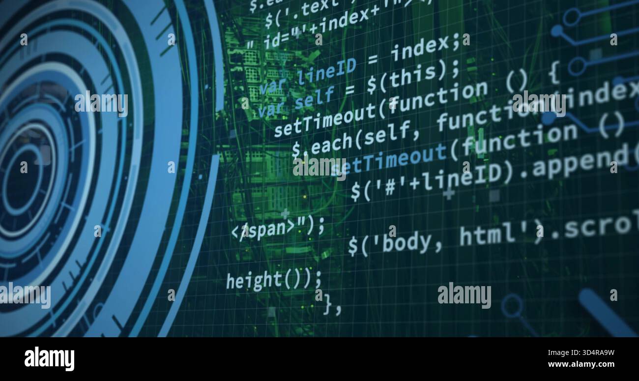 Visualizzazione centrata del codice JavaScript e jQuery sulla griglia a schermo, con HUD di grandi dimensioni e tracce del circuito Foto Stock
