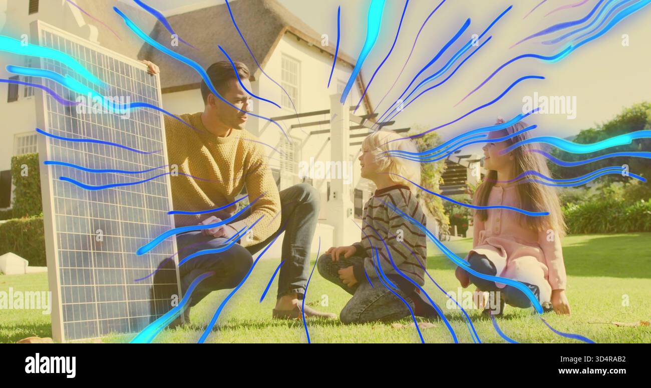 Mostra il pannello solare in maglia di senape sul prato accanto alla casa, 2 bambini che ascoltano, mascherina ciano Foto Stock