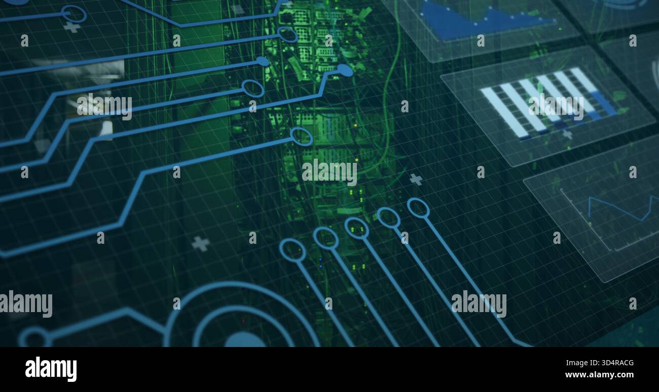 Visualizzazione dell'HUD del circuito che si sovrappone al modulo server verde nel data center, con nodi circolari e LED Foto Stock