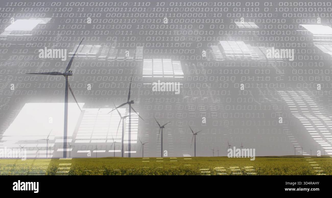 Turbine eoliche a rotazione che alimentano il parco eolico di pianura erbosa, sovrapponendo codici binari e pannelli di rete Foto Stock