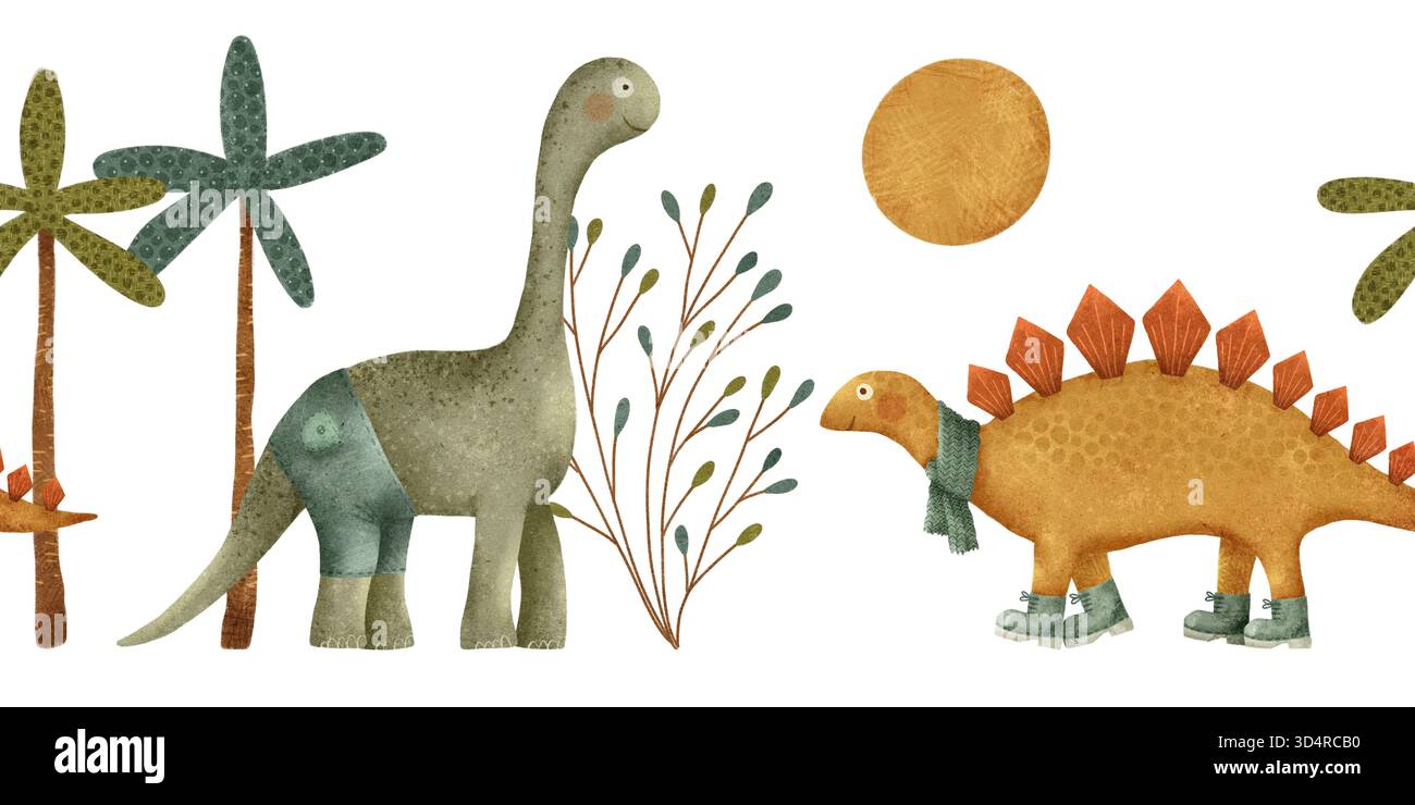 Una vivace illustrazione mostra dinosauri stravaganti in un paesaggio colorato sotto un sole luminoso, perfetto per l'arredamento dei bambini e materiali educativi, ispirando la creatività sulle creature preistoriche Foto Stock