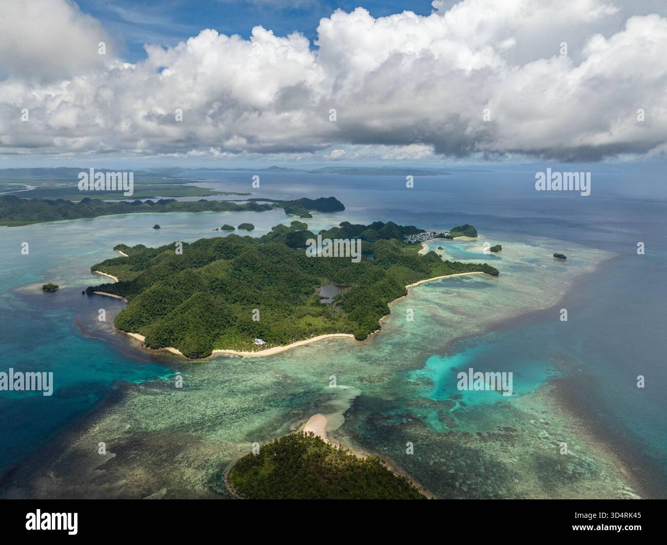 Costa verde della foresta con spiaggia sabbiosa e scogliera poco profonda vicino al mare aperto blu. Siargao, Filippine. Laguna blu di Sugba. Foto Stock