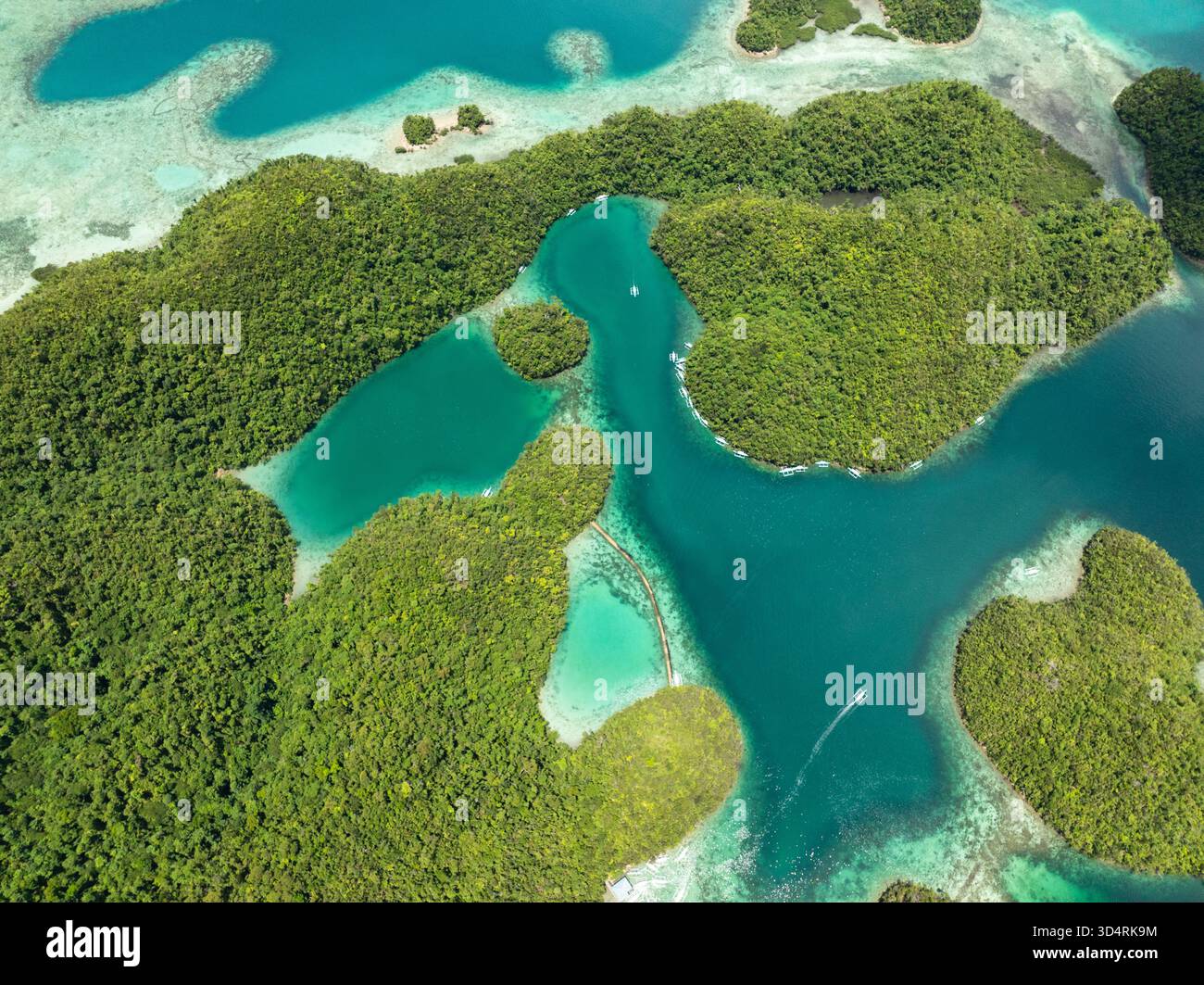Canali curvi della laguna turchese tra le isole verdi della foresta e la barriera corallina poco profonda. Siargao, Filippine. Laguna blu di Sugba. Foto Stock