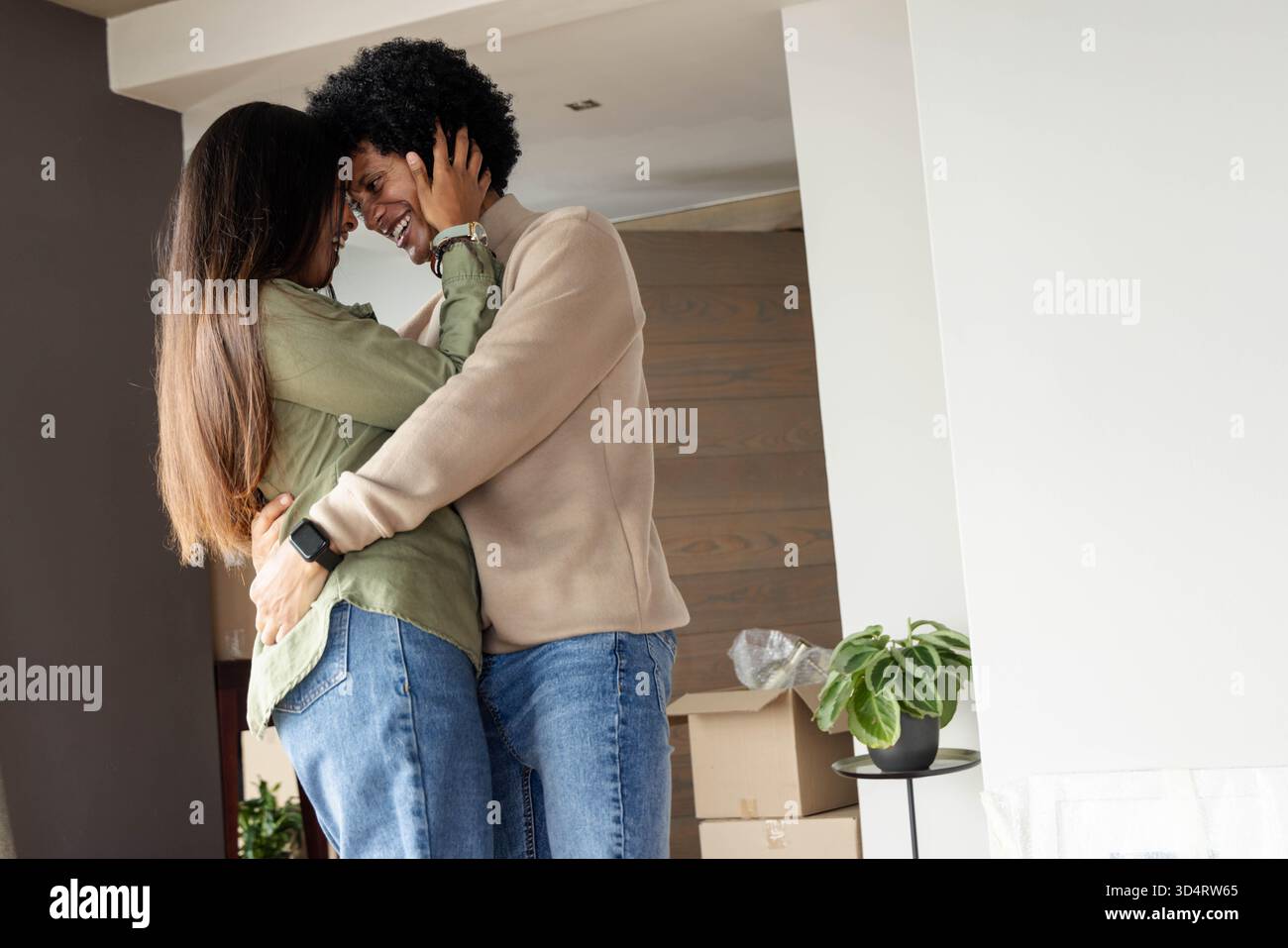Abbracciando diverse coppie in soggiorno, con scatole mobili e piante in vaso Foto Stock