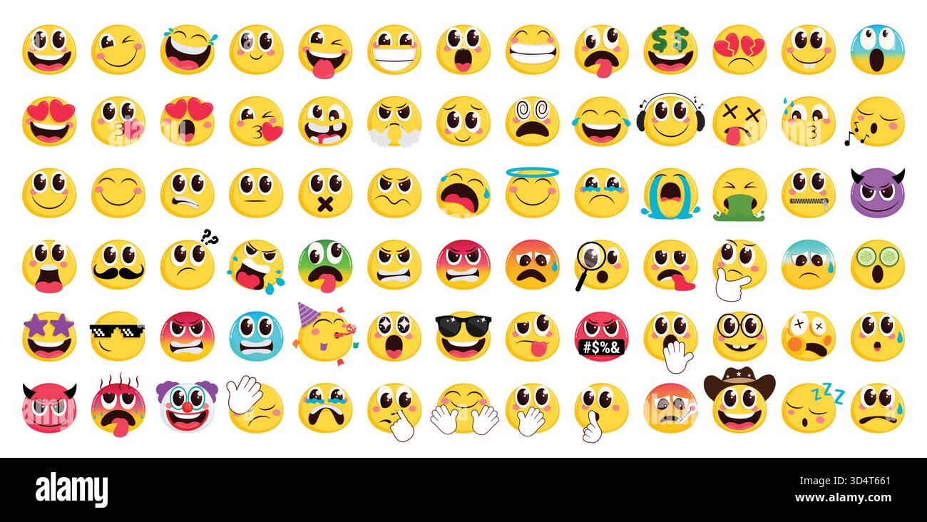 Set clipart icona emoji. Emoji personaggio giallo clip art piatta come Happy, Crying, in Love, stupido, arrabbiato, cura e folli espressioni emoticon del viso Illustrazione Vettoriale