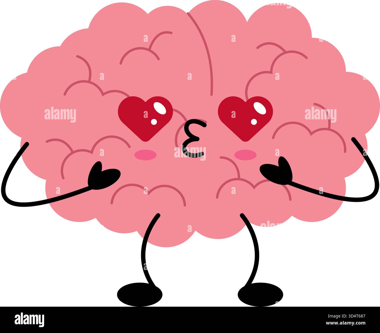 Simpatico personaggio rosa kawaii cervello innamorato degli occhi cardiaci Illustrazione Vettoriale
