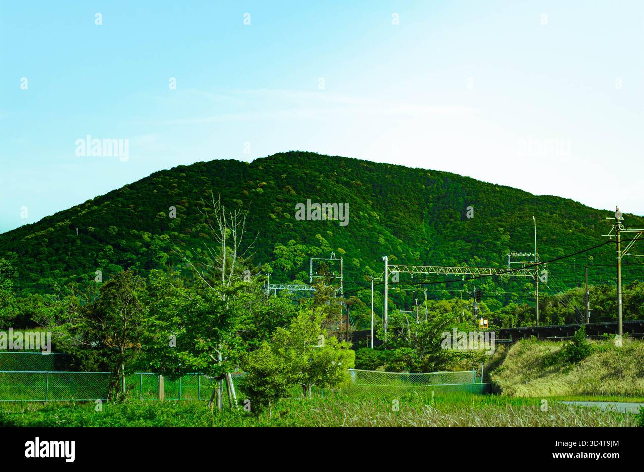 Verdi montagne e infrastrutture ferroviarie in un paesaggio paesaggistico di campagna. Foto Stock
