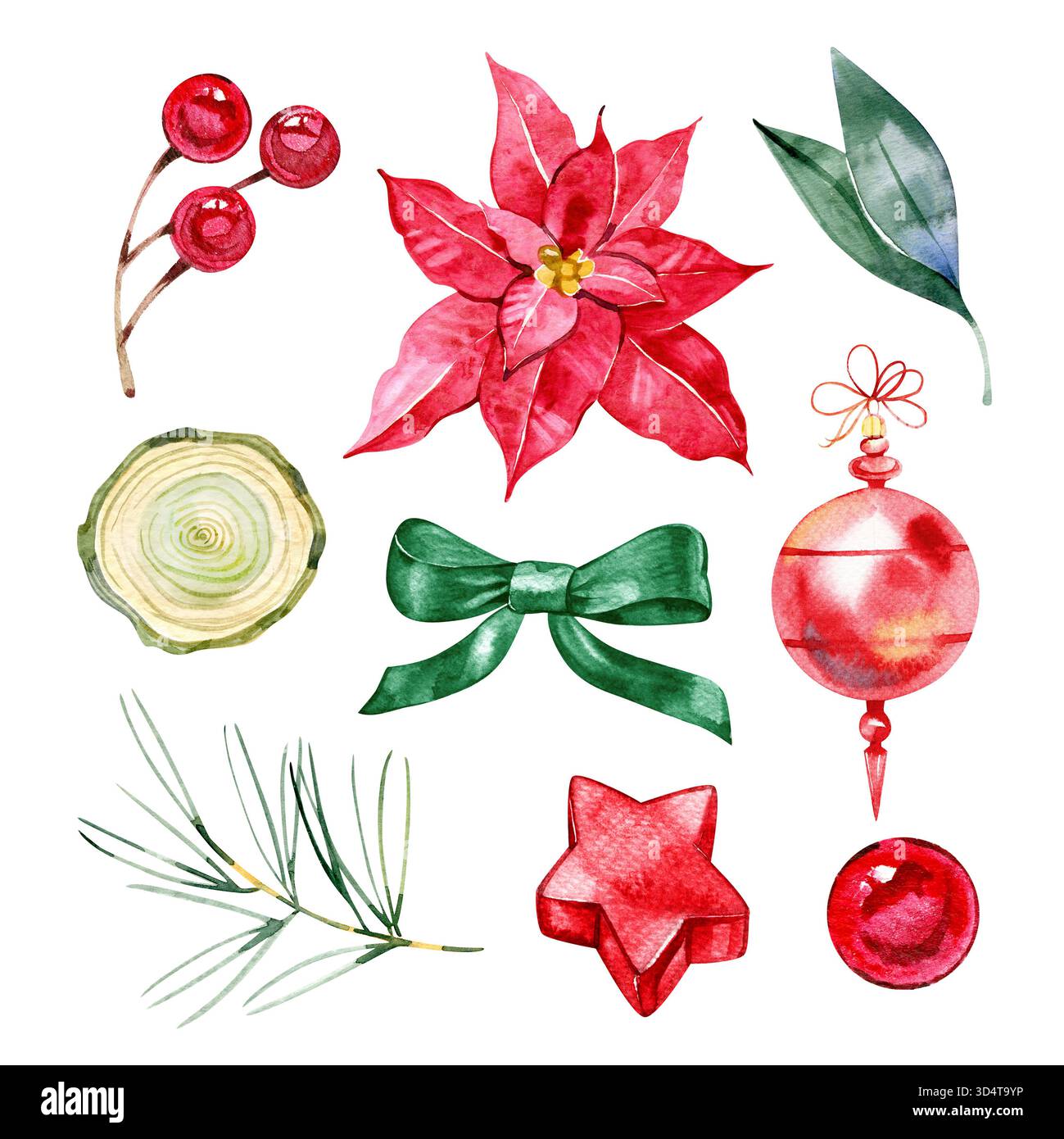 Set clipart acquerelli con decorazioni natalizie poinsettia, nastri, ornamenti, bacche, pini, e fetta di legno. Ideale per biglietti di auguri e per l'imballaggio Foto Stock