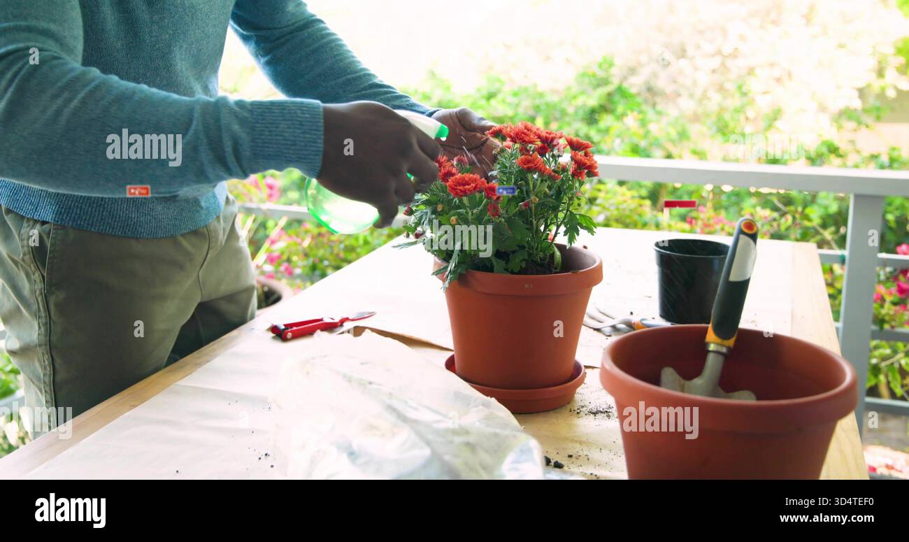 Uomo addolorato blu in vaso di argilla tendente al khakis con mamma rossa sul tavolo della veranda, copia spazio Foto Stock