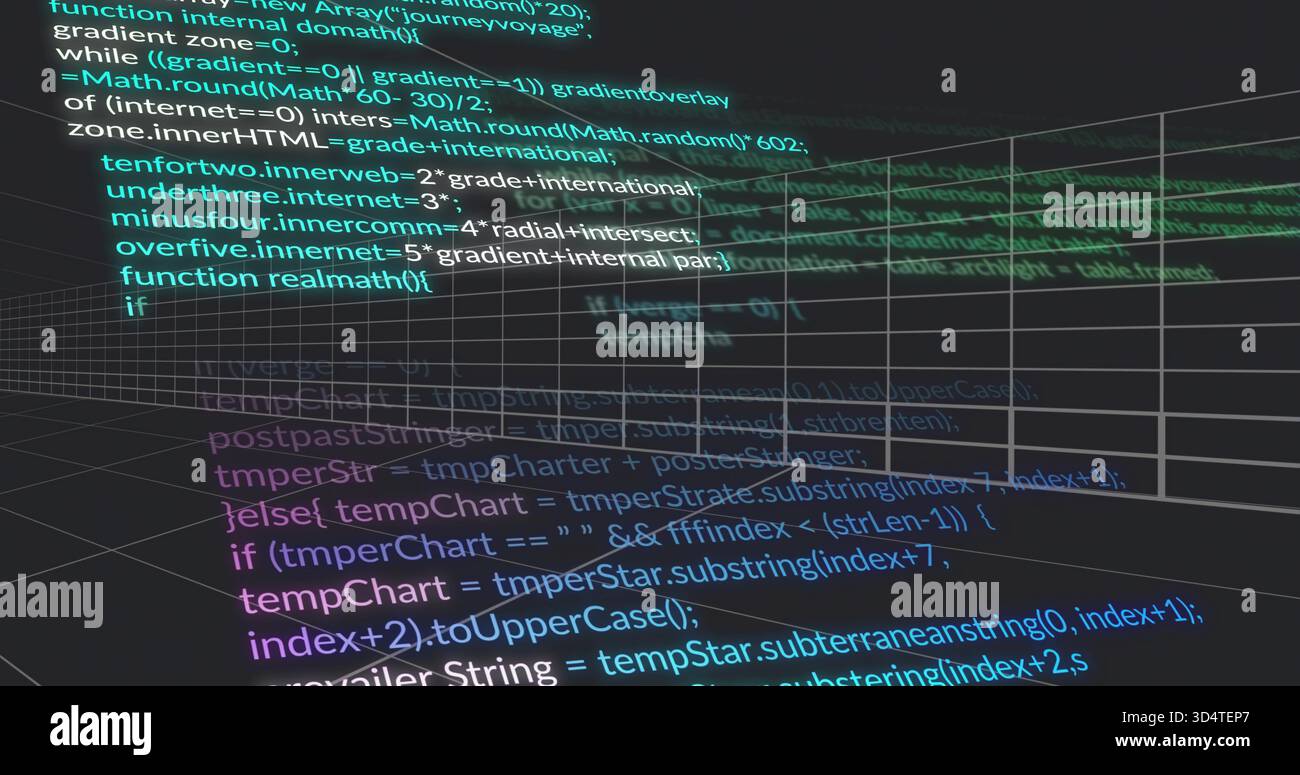 Codice flottante a spaziatura fissa e griglia metallica che si ritira a sinistra in 3D, mostrando la forma d'onda e i piani verdi Foto Stock