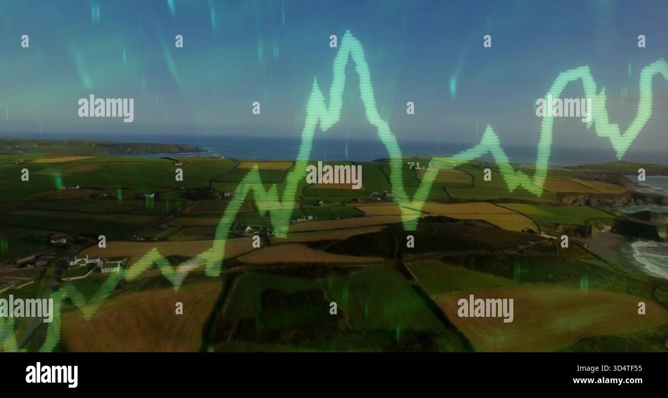 Grafico a linee frastagliate verde neon sovrapposto che traccia i picchi lungo i terreni agricoli costieri aerei con 71 marcatori Foto Stock