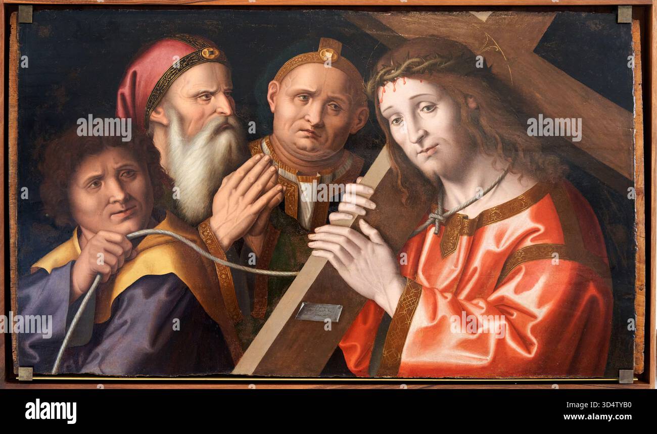 Marco Palmezzano (Forli, 1459 ca. - 1539), Cristo che porta la Croce con Nicodemo, Giuseppe da Arimatea e un soldato, 1525, tempera e olio su tavola, Museo Correr, Piazza San Marco, Venezia, Venezia, Veneto, Italia. Foto Stock