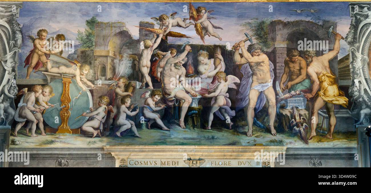 Fuoco, Vulcano, dio del fuoco, forgia frecce per Cupido assistito da un gruppo di putti e da sua moglie Venere, mentre i suoi aiutanti, i Ciclopi, stanno facendo fulmini per Giove, sala degli elementi, Giorgio Vasari, Cristofano Gherardi, 1555, 1557, quartiere degli elementi, Palazzo Vecchio, Firenze, Toscana, Italia. Foto Stock