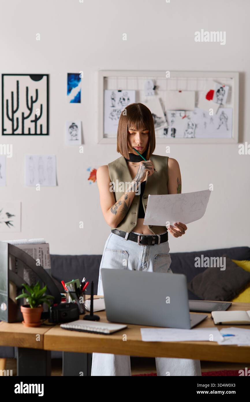Una giovane donna si impegna nel lavoro creativo nel suo studio di casa, circondato da schizzi e strumenti di progettazione. Foto Stock