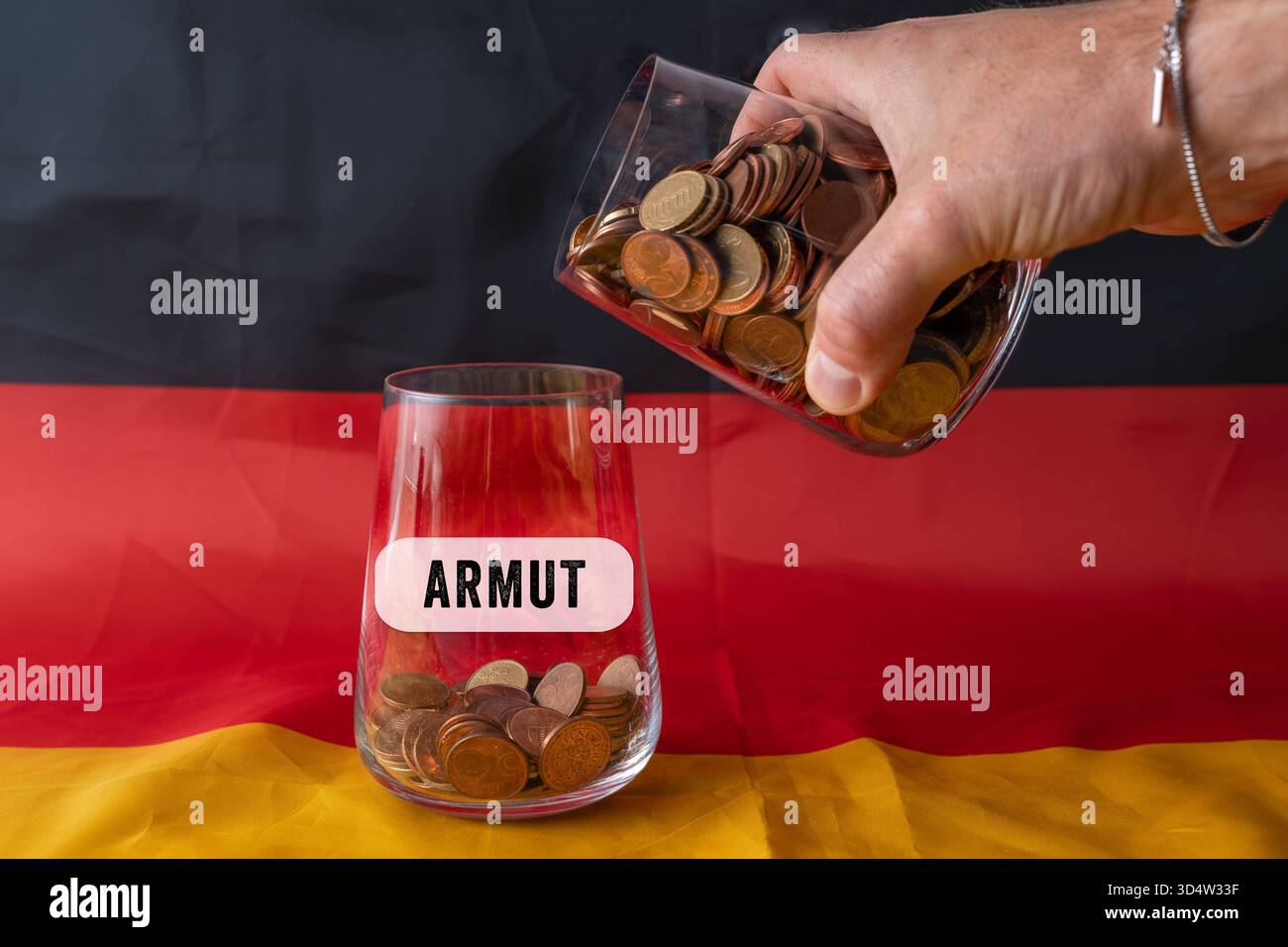 Baviera, Germania - 10 novembre 2025: MONTAGGIO FOTOGRAFICO, barattolo di vetro etichettato povertà in cui vengono versate le monete di un secondo barattolo, davanti a una bandiera tedesca. Immagine simbolica della disuguaglianza sociale, delle difficoltà finanziarie, della riduzione della povertà e della distribuzione del reddito in Germania. *** FOTOMONTAGE, Glas mit der Aufschrift Armut, in das Münzen aus einem zweiten Glas geschüttet werden, vor einer Deutschlandfahne. Symbolbild für soziale Ungleichheit, finanzielle not, Armutsbekämpfung und Einkommensverteilung in Deutschland. Foto Stock