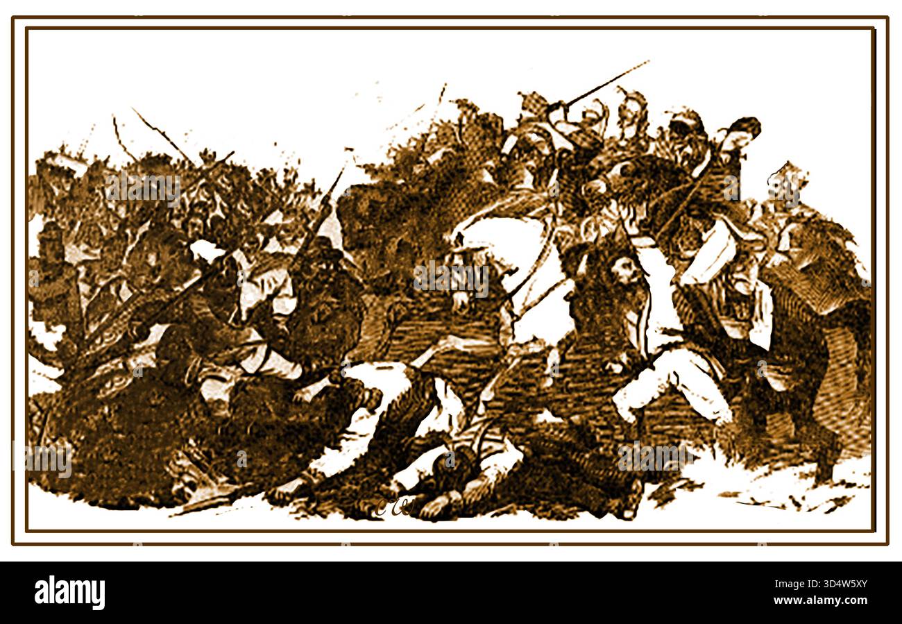 Un vecchio esempio di combattimenti durante la guerra ungherese del 1848-49, rivoluzione o insurrezione. La guerra d'indipendenza ungherese avvenne dal 1848 al 1849, durante una lotta per l'autonomia dall'Impero austriaco. Tra i capi c'era Lajos Kosuth, anche se si concluse con una sconfitta per le forze ungheresi - Egy régi illusztráció az 1848-49-es magyar háború, forradalom vagy felkelés harcairól. A magyar szabadságharc 1848 és 1849 között zajlott, az Osztrák Monarchiától való autonómiáért folytatott küzdelem során. Vezetői között volt Kosuth Lajos is, bár a harc a magyar erők vereségével végződött. Foto Stock