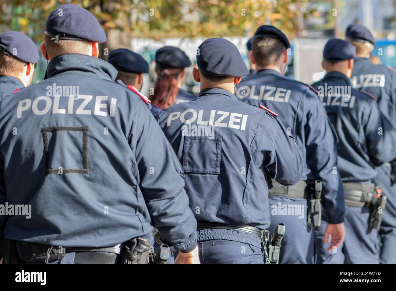 Gli agenti di polizia in uniforme svolgono un compito ufficiale per proteggere l'ordine pubblico, Austria, Vienna, 26 ottobre 2025. Foto Stock