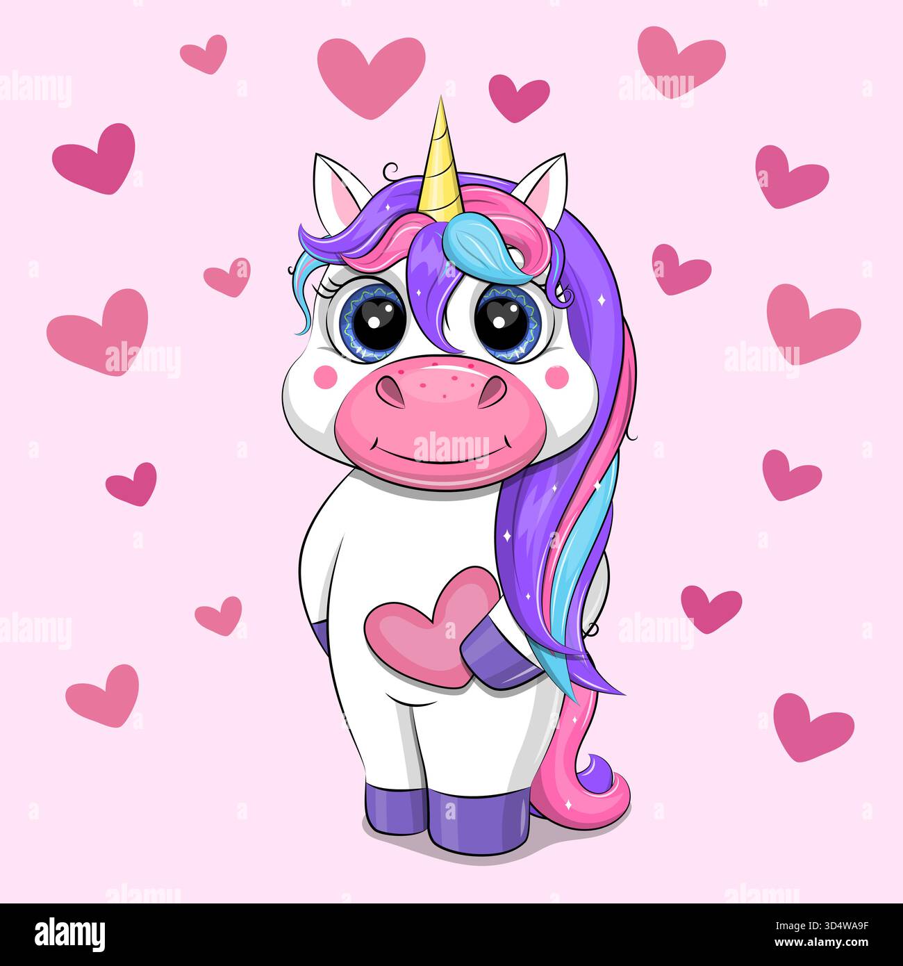 Carino cartone animato Unicorn con cuori. Illustrazione vettoriale di un animale su sfondo rosa con cuori. Illustrazione Vettoriale