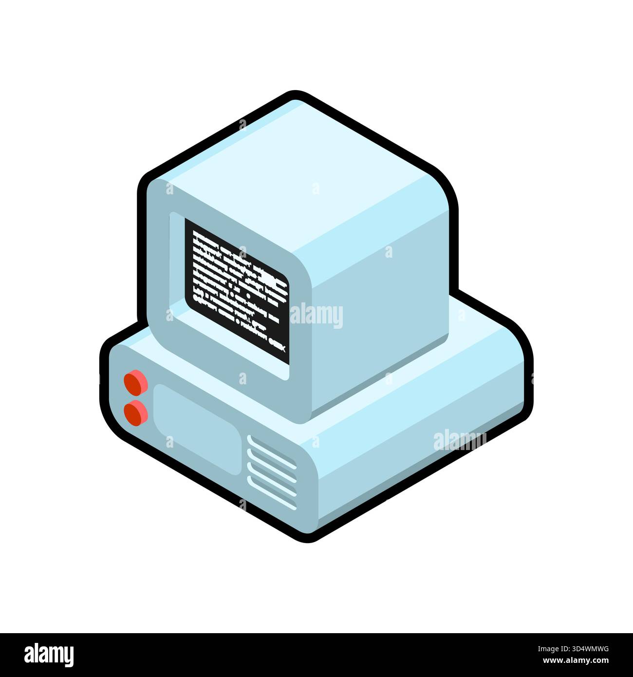 Unità personal computer d'epoca in stile isometrico 3D piatto. Rappresenta una vecchia torre di processore, una tecnologia retrò e una storia di computing. Illustrazione Vettoriale