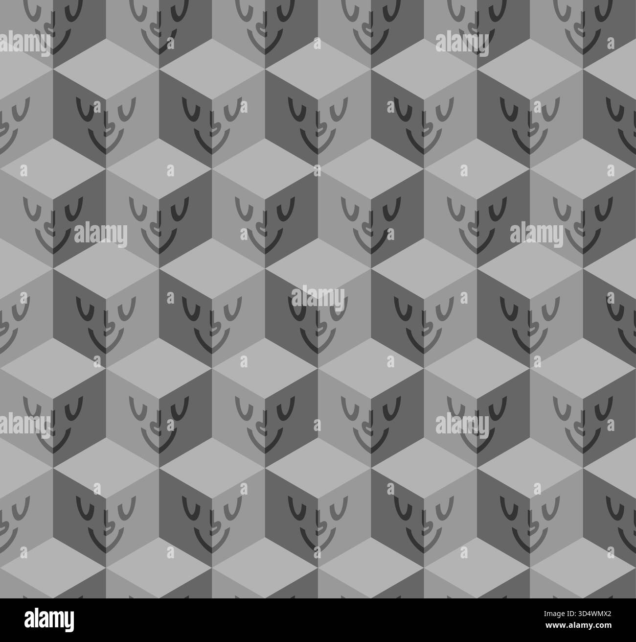 Pattern senza cuciture composto da cubi isometrici 3D con facce umane stilizzate sulle superfici visibili. Rappresenta emozioni astratte, interazione sociale, Illustrazione Vettoriale