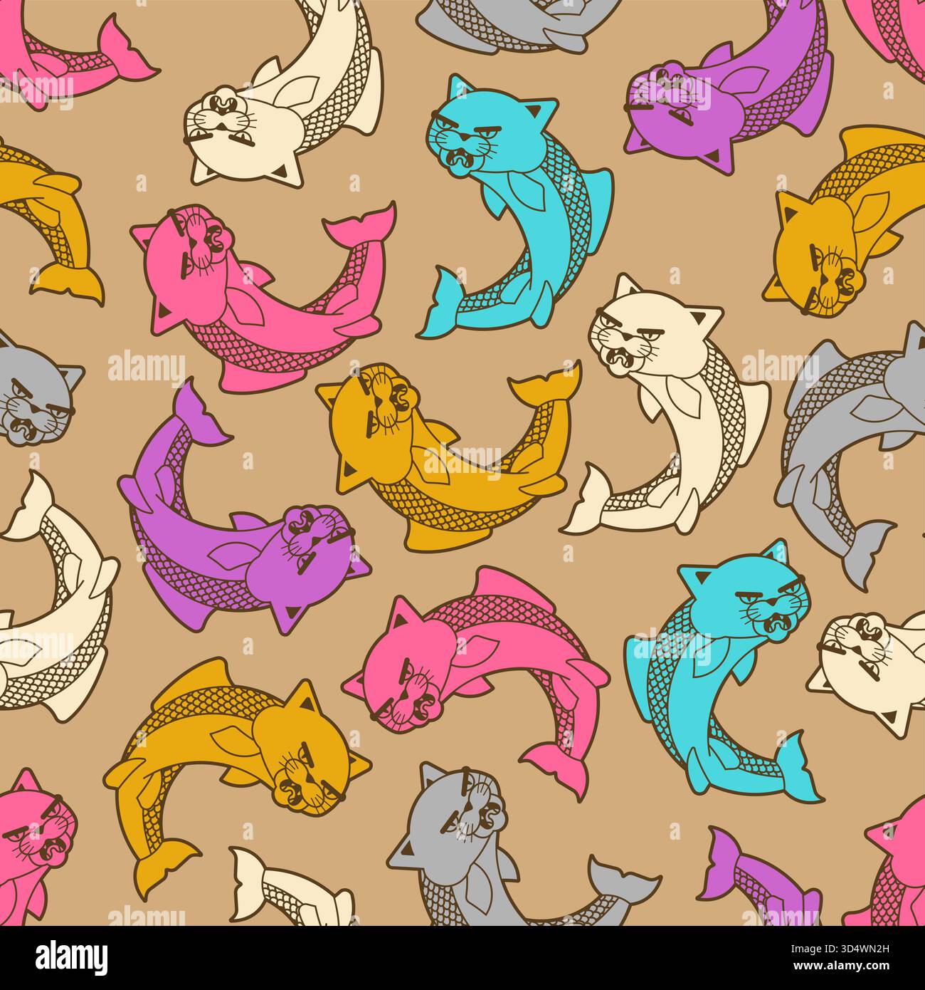 Schema senza cuciture con creature ibride di pesci gatto. Divertente design fantasia animale, sfondo vettoriale colorato. Illustrazione Vettoriale