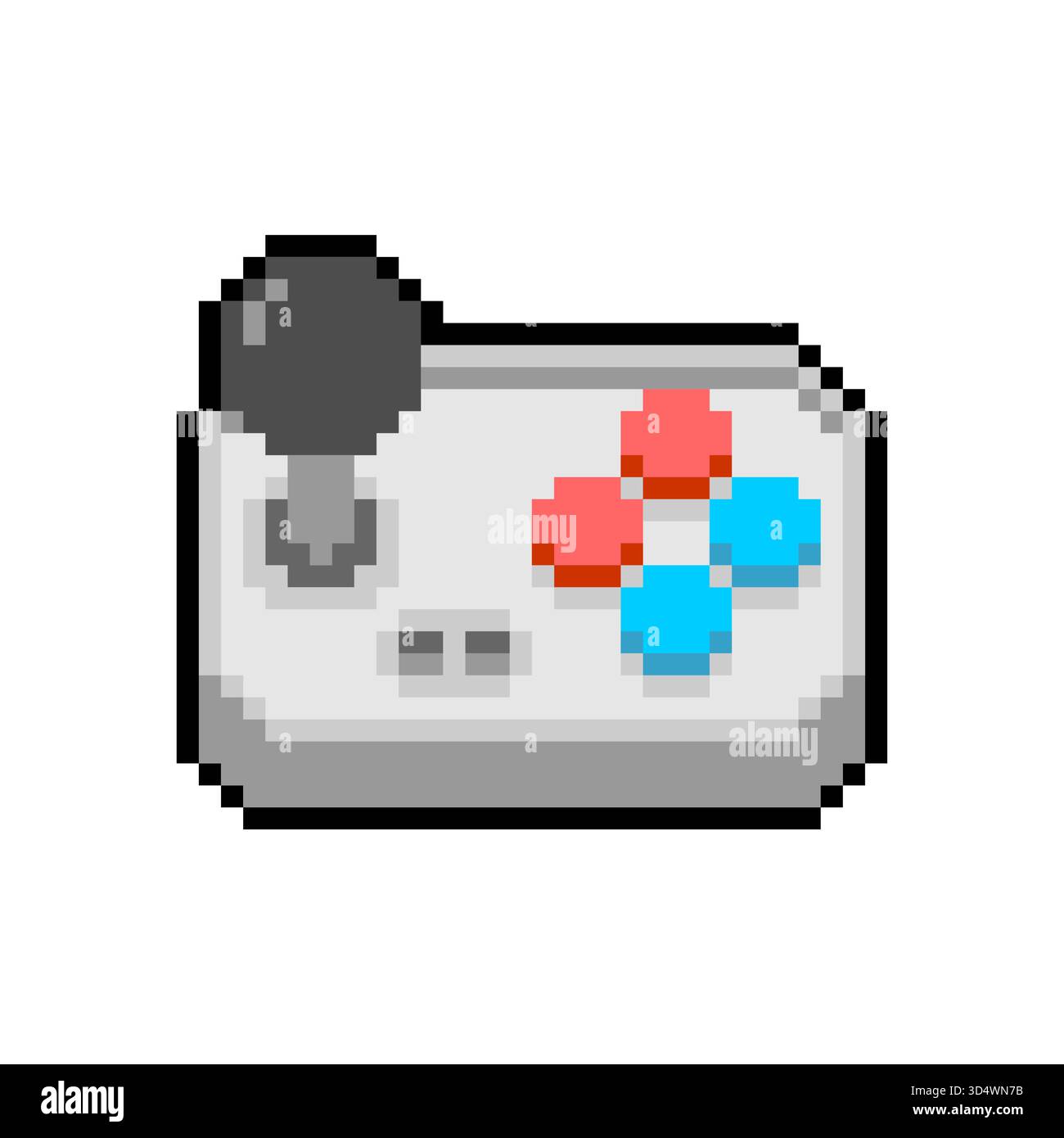 Pixel art di un semplice controller di videogiochi rétro (gamepad). Rappresenta la nostalgia del gaming, l'intrattenimento elettronico o i dispositivi rétro a 8 bit/16 bit. Illustrazione Vettoriale