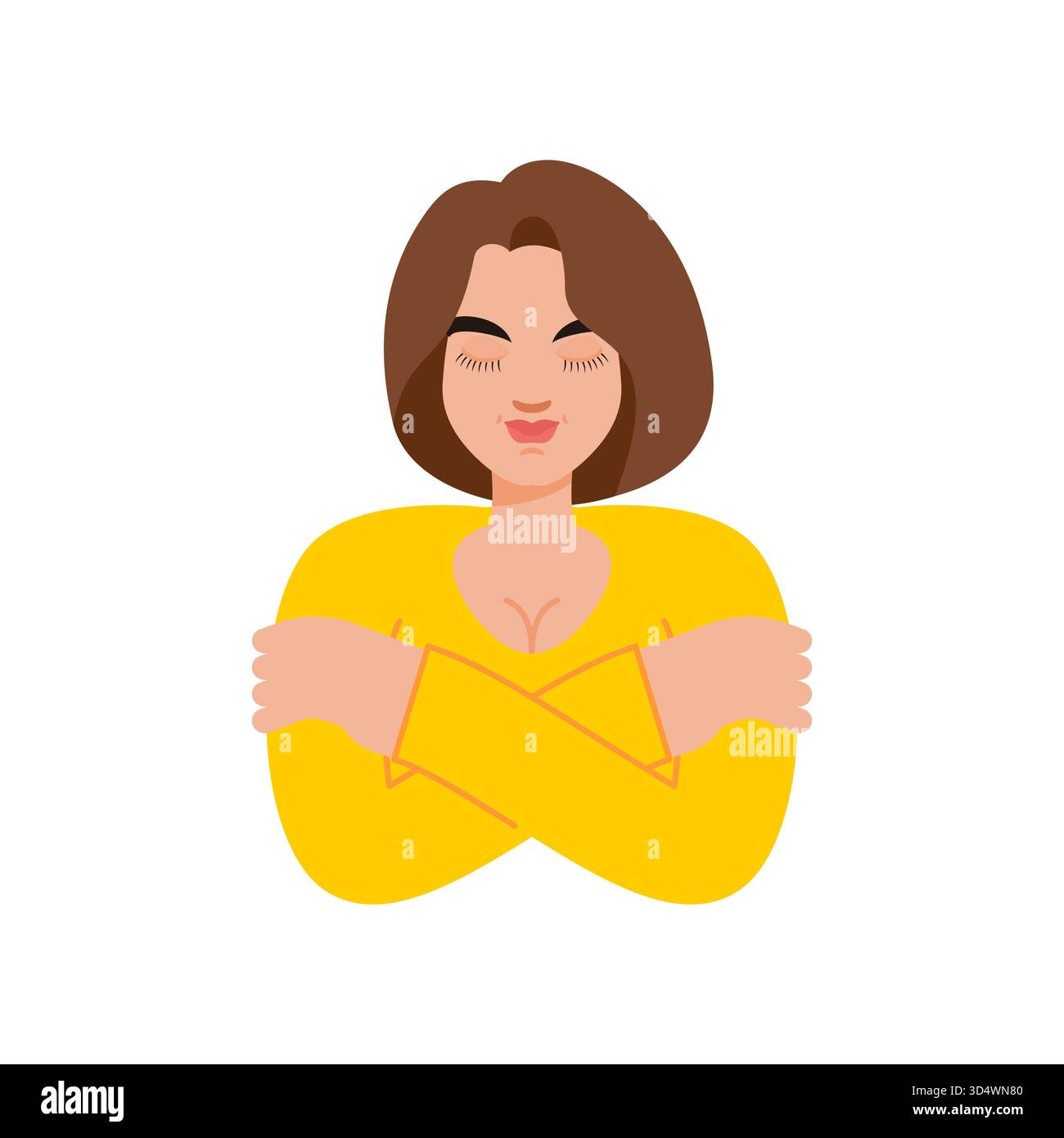 donna che si abbraccia con le braccia incrociate, simboleggia la cura di sé, l'amore per sé, il supporto emotivo e la forza mentale. Rappresenta l'autoaccettazione e lui Illustrazione Vettoriale