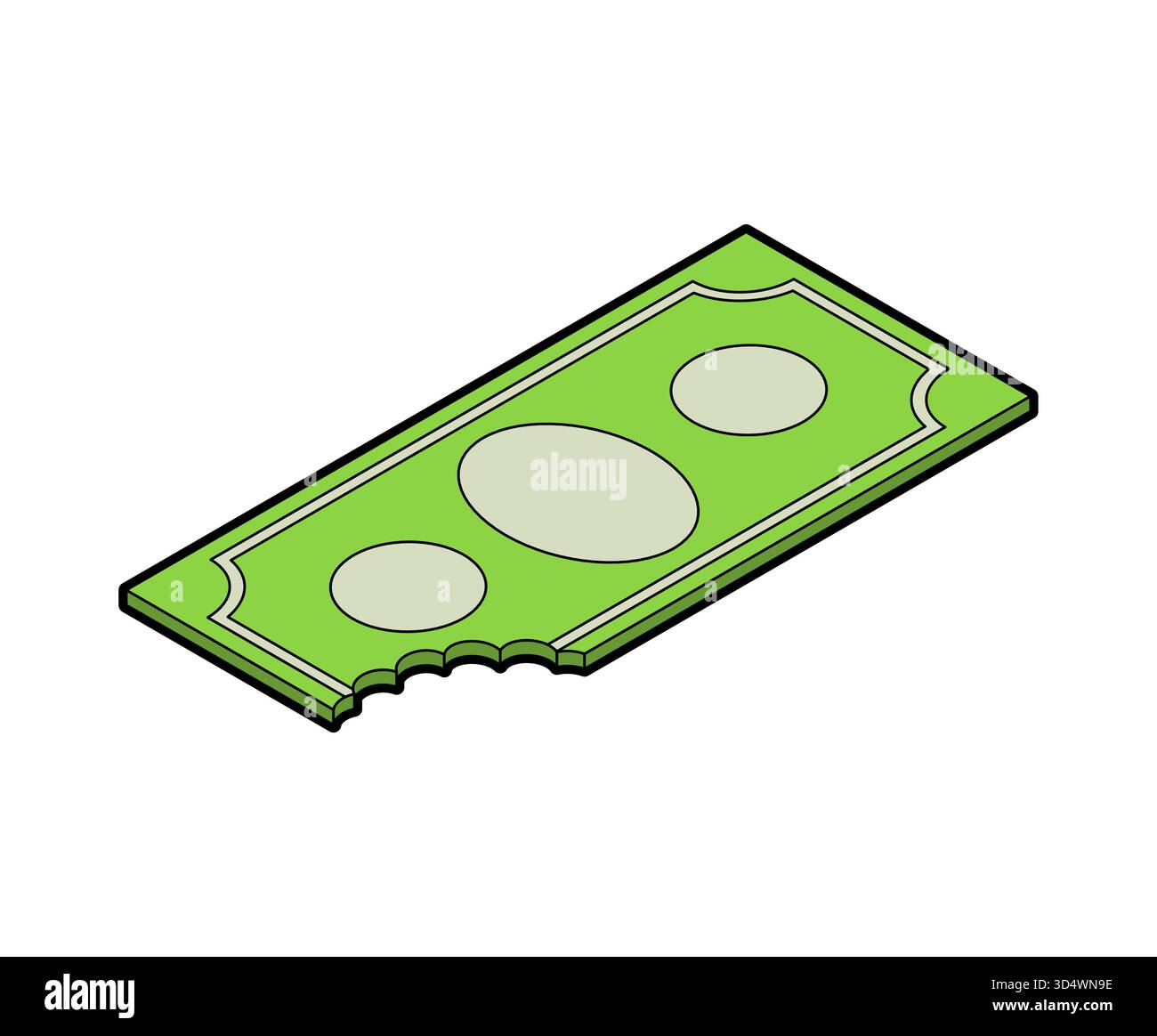 Banconota singola in dollari USA con un grande morso. Simboleggia perdite finanziarie, errori di budget, danni valutari o opportunità di profitto perse. Illustrazione Vettoriale