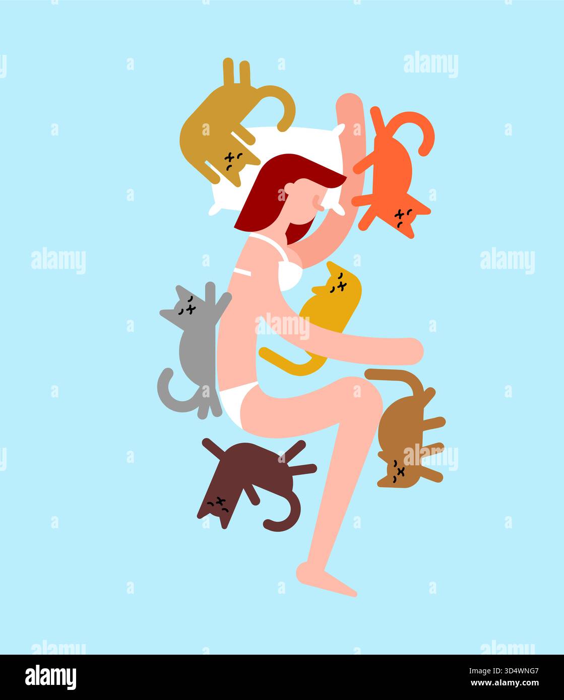 donna single che condivide il letto con più gatti. Illustrazione di solitudine, trovare conforto negli animali domestici o compagnia animale profonda Illustrazione Vettoriale
