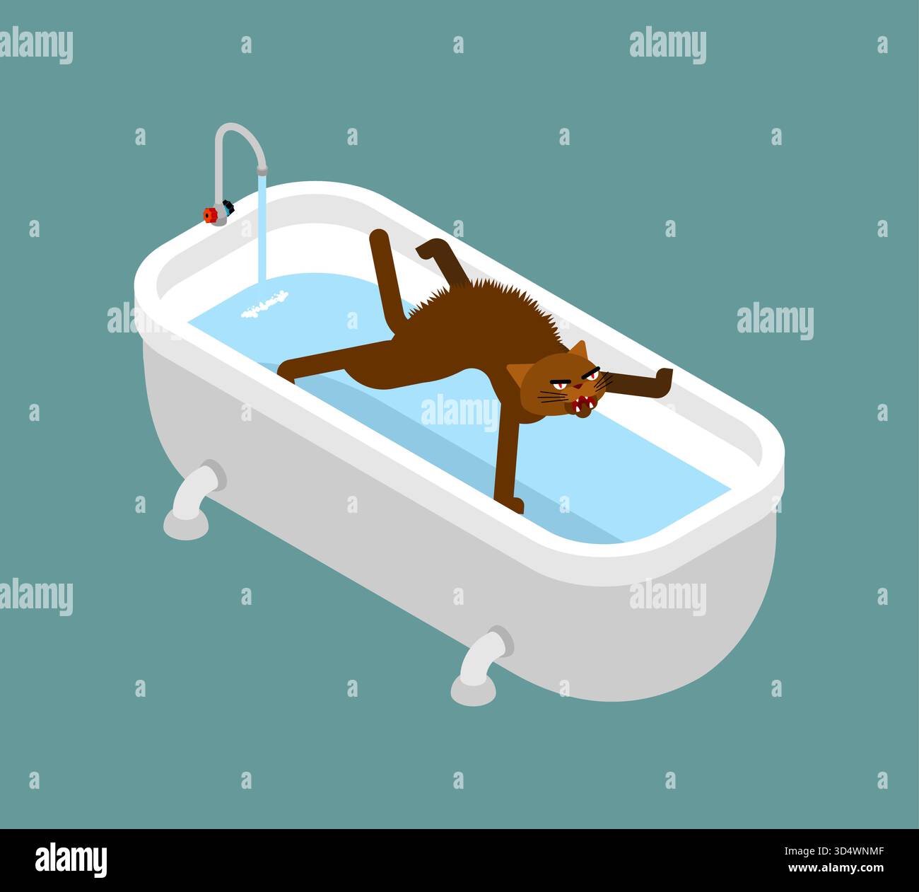 cat si rifiuta di fare un bagno. Concetto umoristico sugli animali domestici e il loro antipatia per l'acqua. Illustrazione Vettoriale