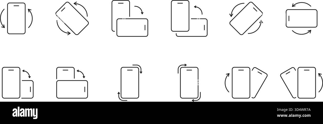 Set di icone della linea di rotazione del telefono cellulare. L'orientamento dello smartphone cambia con le frecce raccolta simboli contorno disegno linee. Tratto modificabile. Isolato Illustrazione Vettoriale