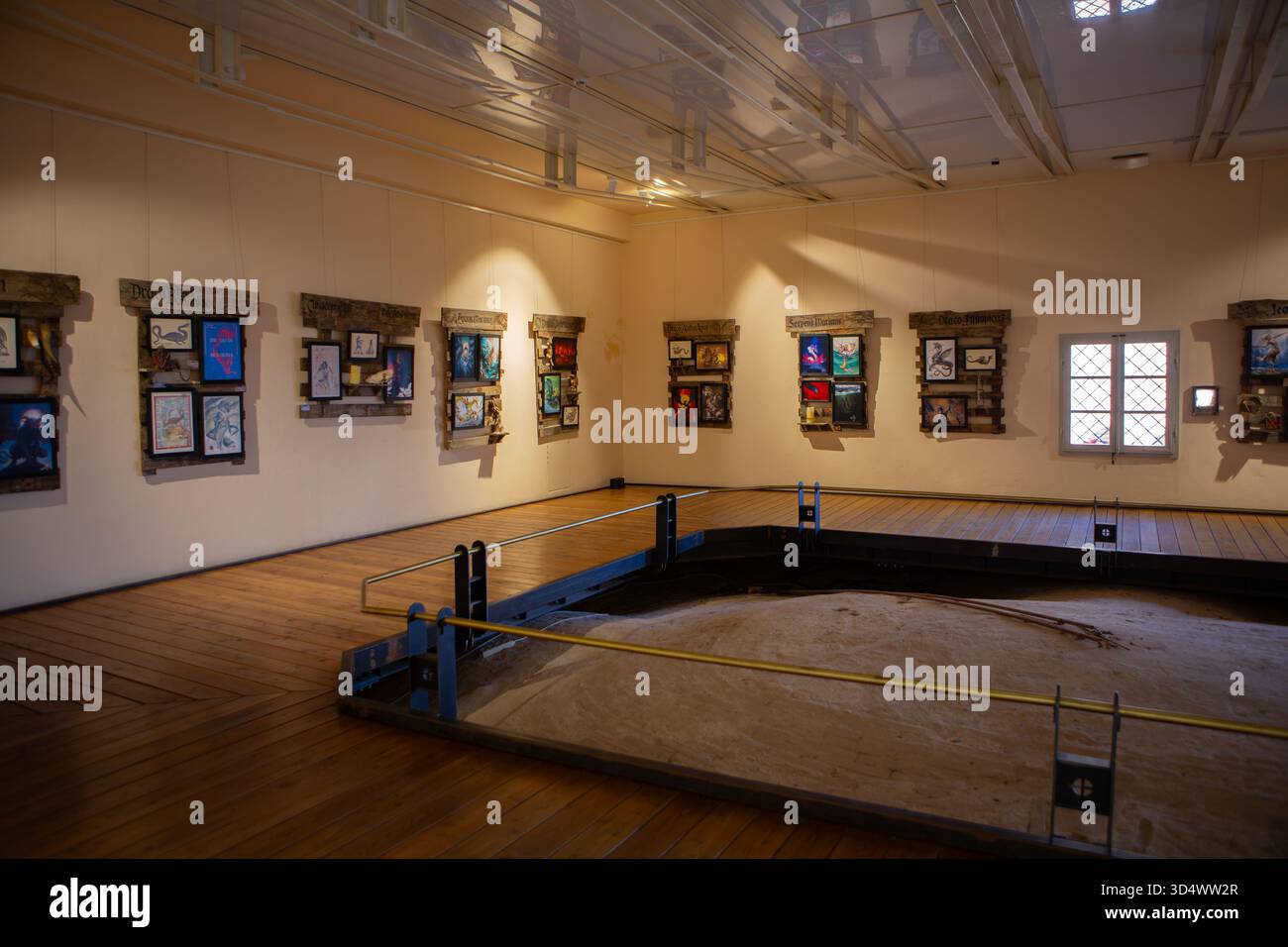 Vista interna di un museo che espone dipinti colorati sopra un antico sito di scavo che unisce storia dell'arte e conservazione culturale. Foto Stock