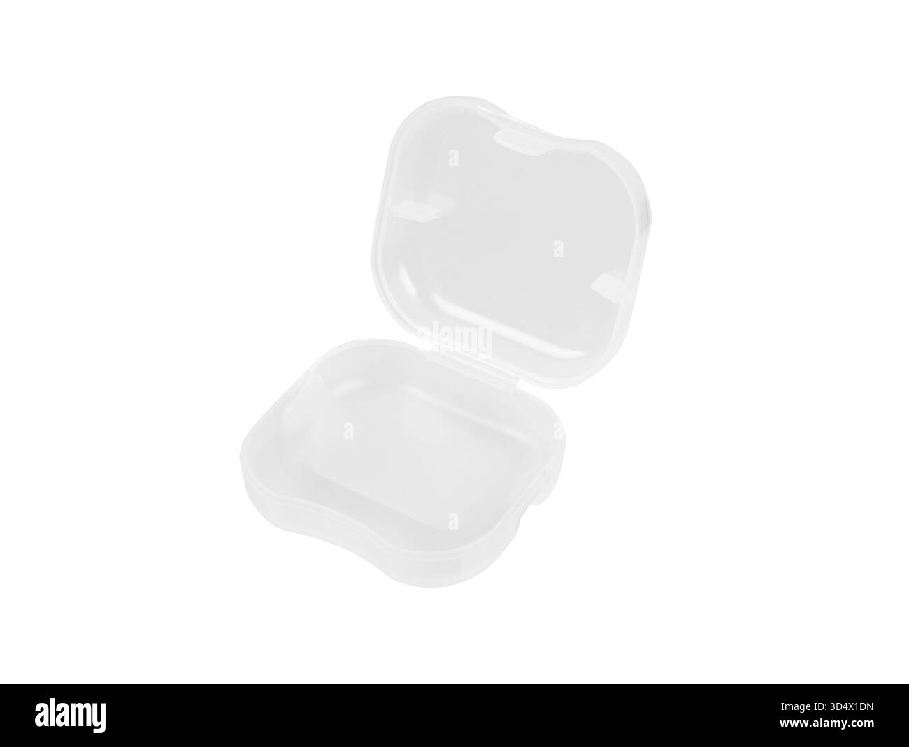Aprire la custodia dentaria in plastica semitrasparente o la custodia per dentature sul colore bianco. Foto Stock