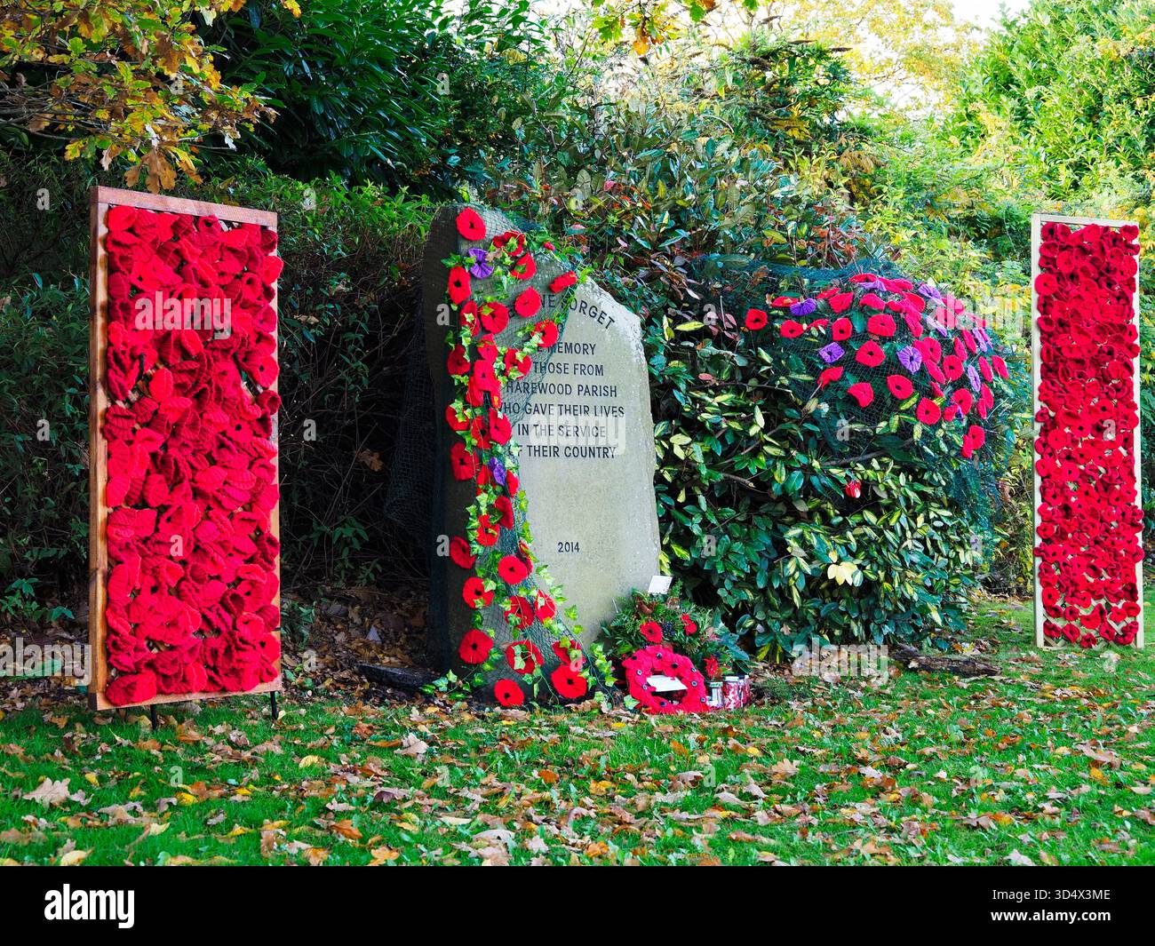 Poppy mostra sul monumento alla guerra nel villaggio di Harewood nel West Yorkshire in Inghilterra Foto Stock