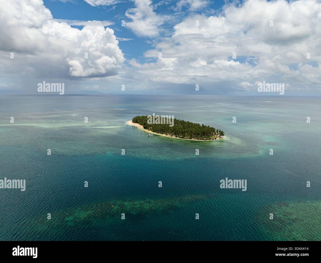 Isola tropicale coperta da alte palme da cocco e circondata da spiaggia sabbiosa e mare cristallino. Siargao, Filippine. Casa desiderio. Foto Stock