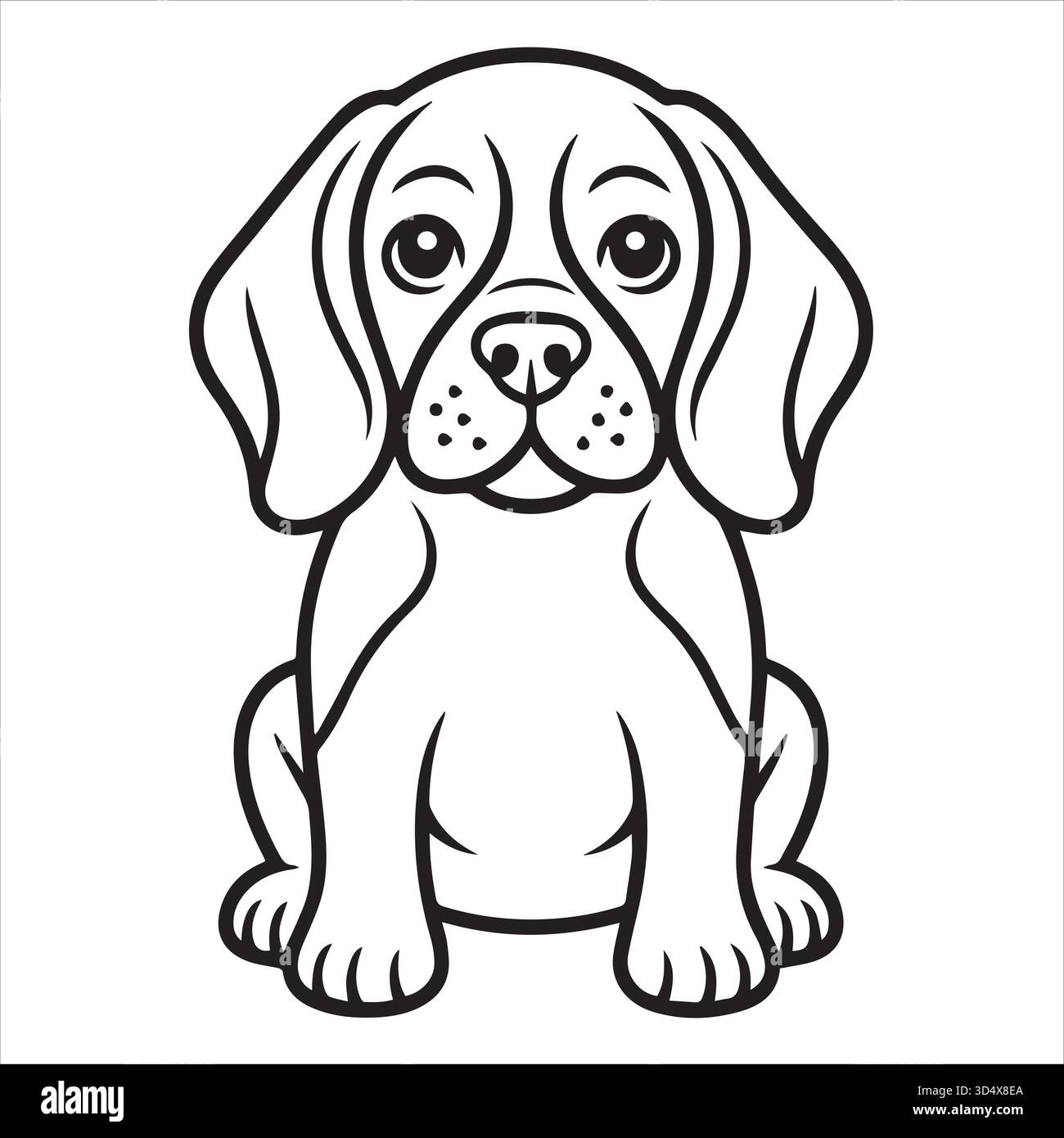 Cute Beagle Coloring Page per bambini, foglio da colorare per animali stampabile, illustrazione cuccioli in bianco e nero per bambini Illustrazione Vettoriale