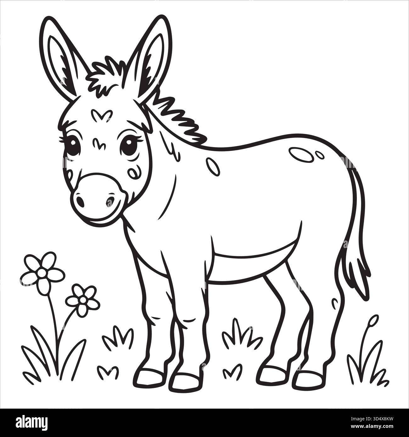 Pagina di colorazione dell'asino carino per bambini, foglio di colorazione degli animali stampabile per bambini, illustrazione facile dell'asino bianco e nero per il divertimento del colore Illustrazione Vettoriale