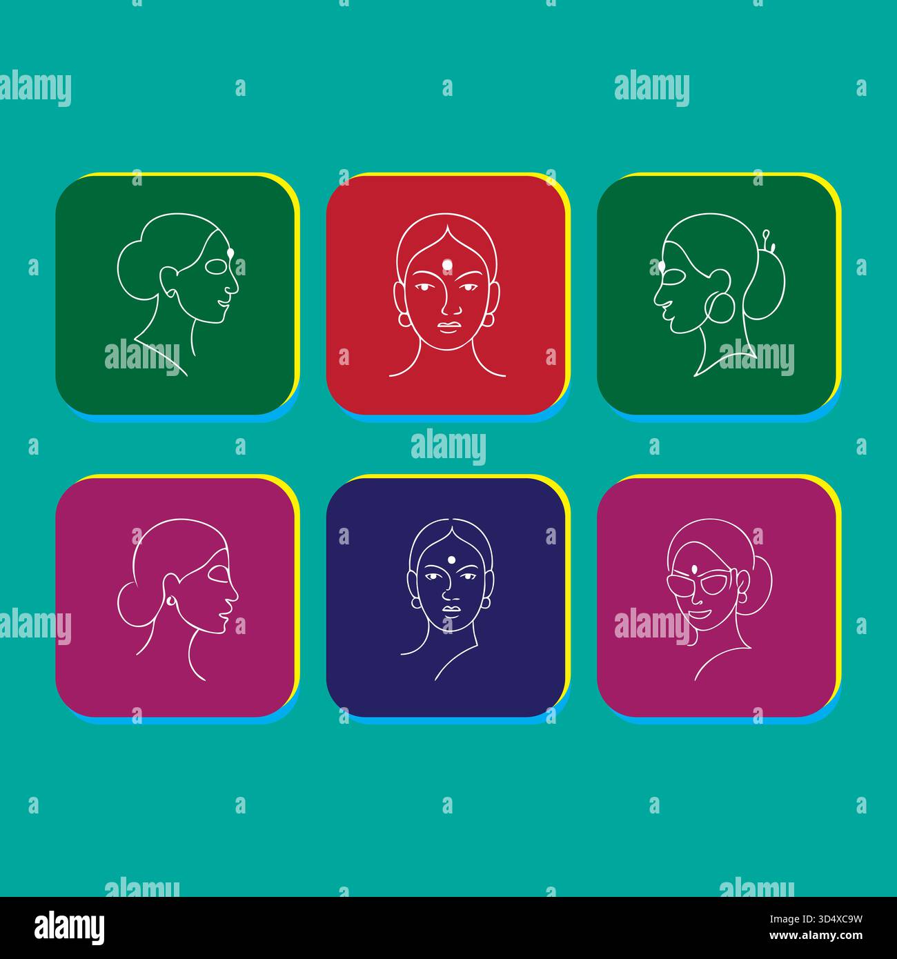 Sei diversi ritratti stilizzati di persone raffigurate in vari colori Illustrazione Vettoriale