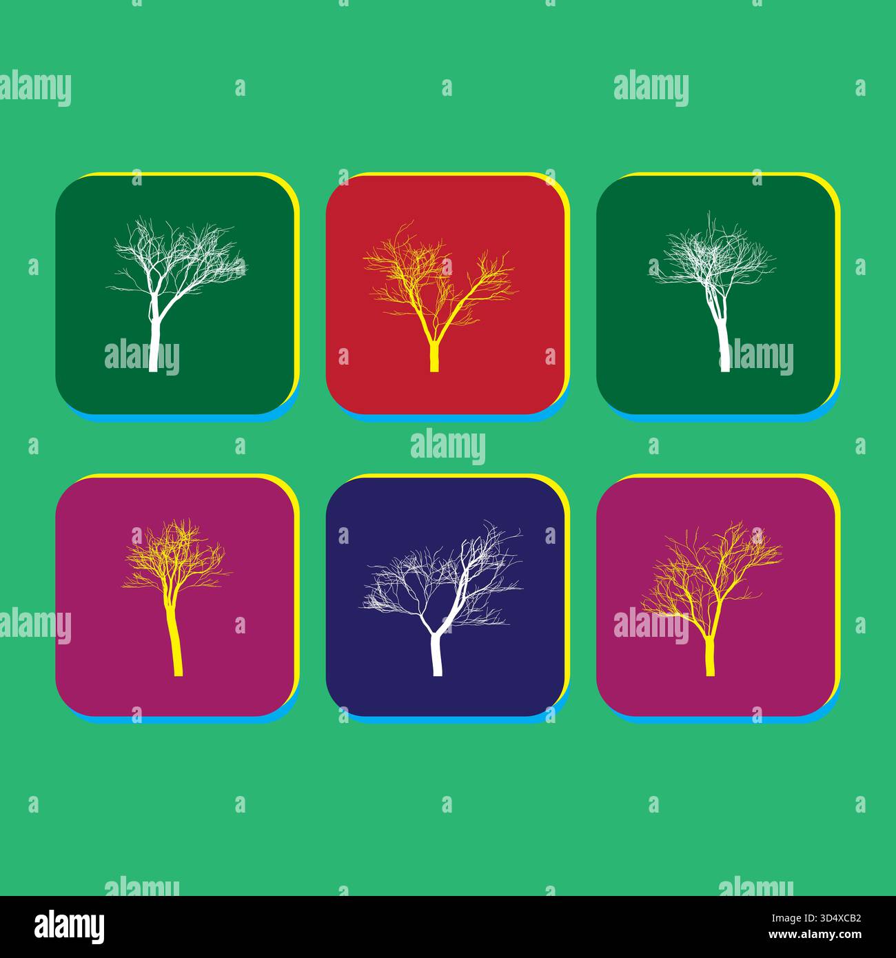 Collezione di colorate icone di alberi che rappresentano stagioni e prospettive diverse Illustrazione Vettoriale