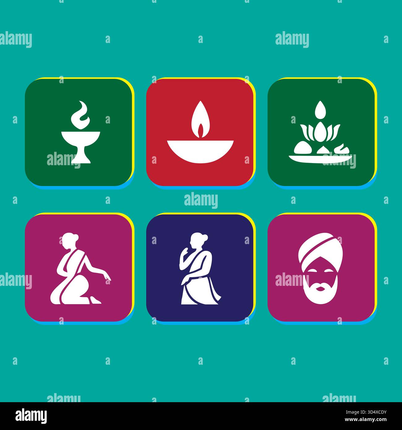 Icone grafiche della celebrazione Diwali che rappresentano le tradizioni e le usanze culturali indiane Illustrazione Vettoriale