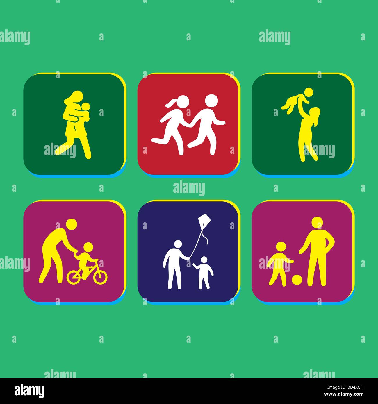 Illustrazione concettuale che presenta diverse attività di assistenza all'infanzia e genitorialità Illustrazione Vettoriale