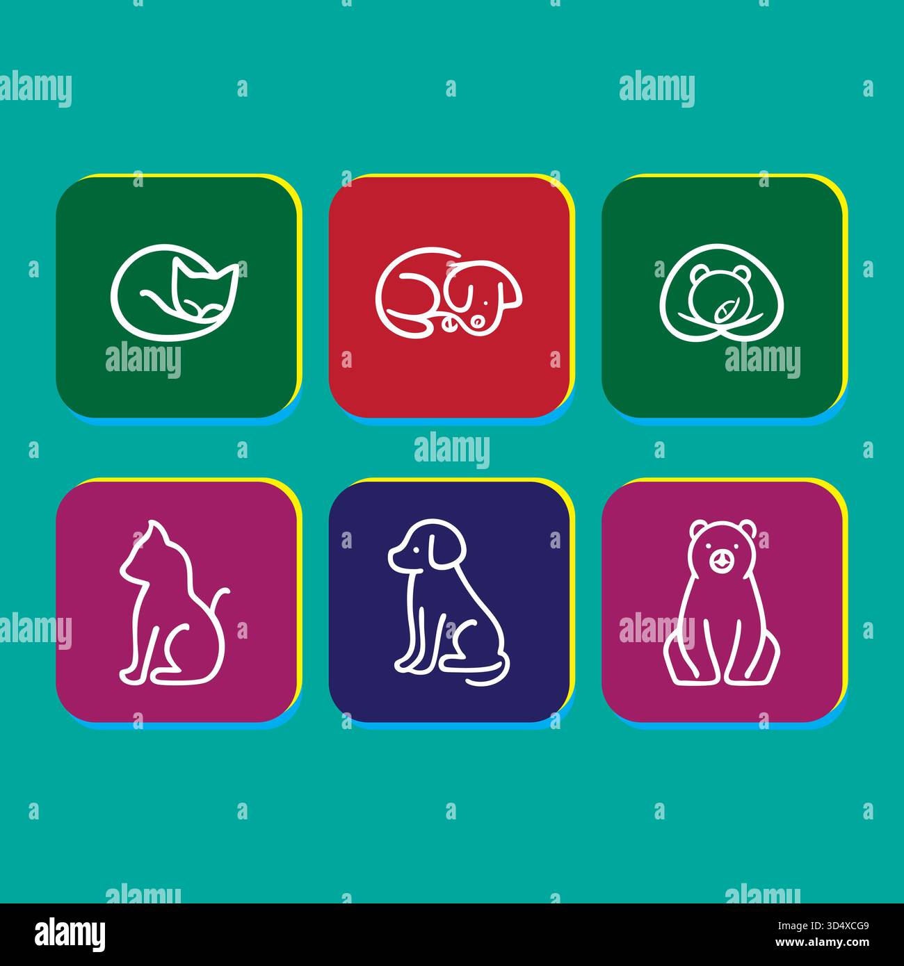 Collezione di simpatici disegni di icone animali per il negozio di animali o la clinica veterinaria Illustrazione Vettoriale