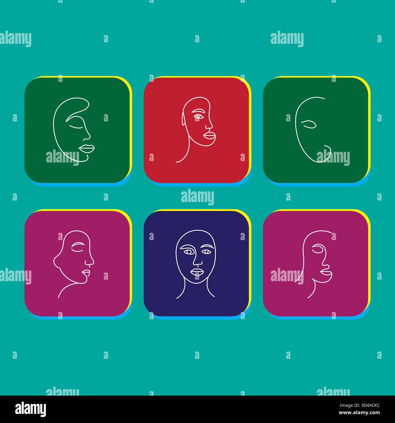 Collezione d'arte minimalista con linea viso donna in colorate quadrate Illustrazione Vettoriale