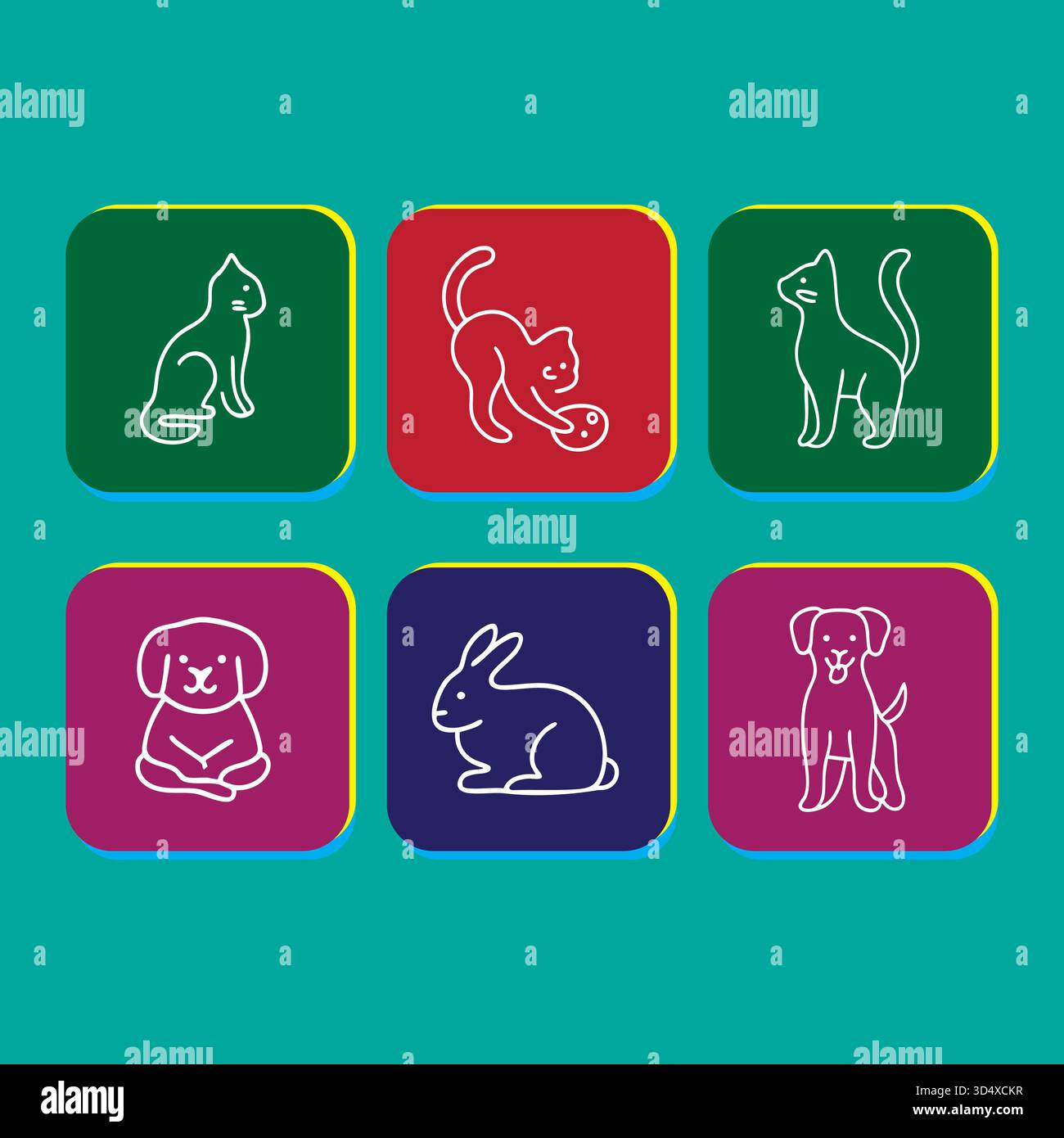 Collezione di animali domestici, cani, gatti, conigli, icone illustrative Illustrazione Vettoriale