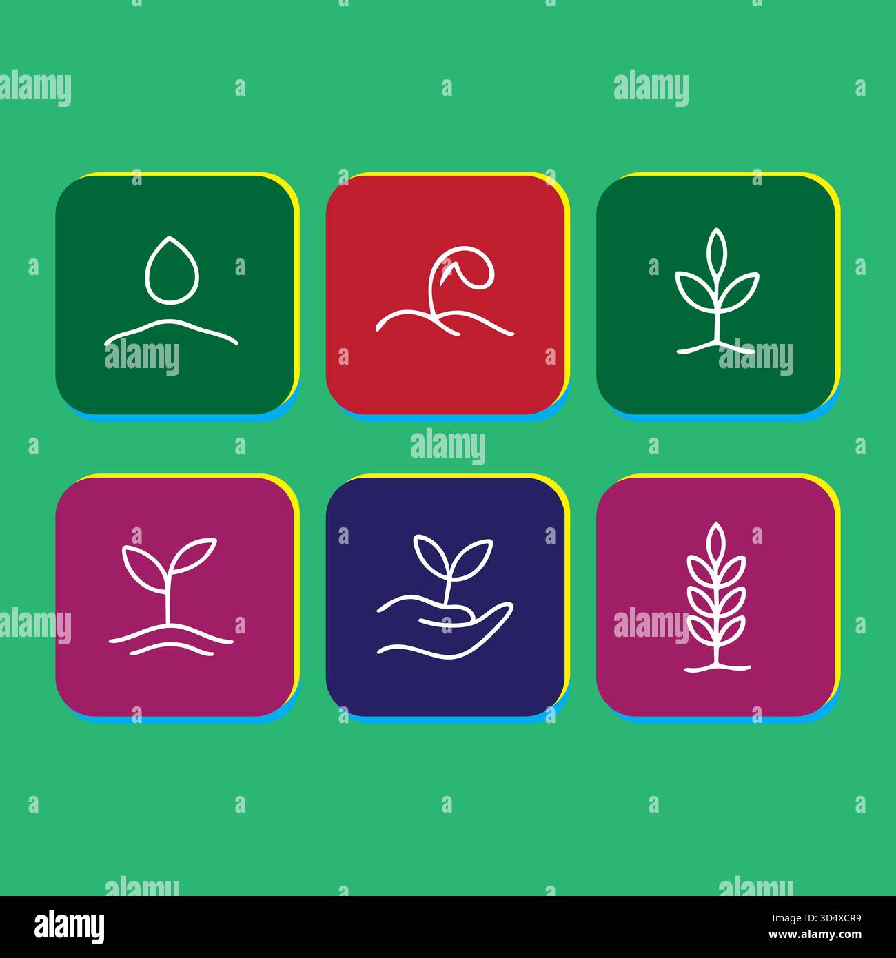 Le icone delle piante in crescita si basano su un concetto ecologico colorato e arrotondato Illustrazione Vettoriale
