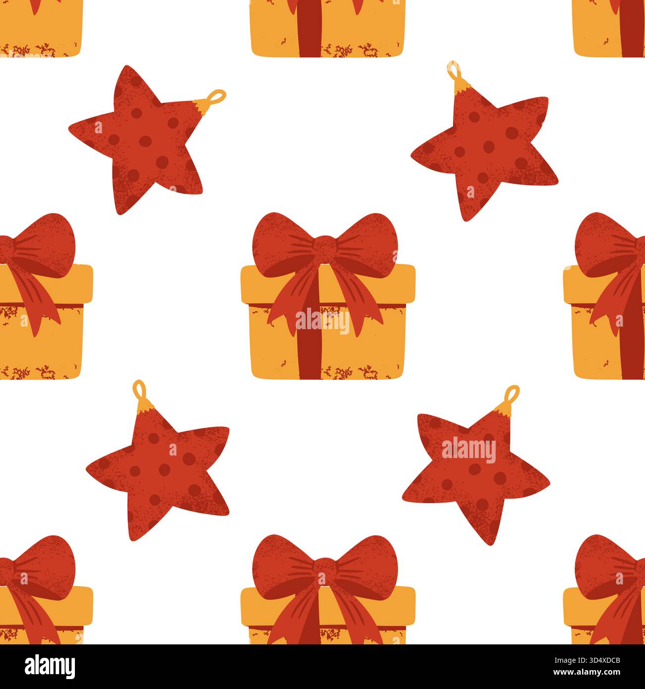 Motivo natalizio retrò senza cuciture con decorazioni Red Star e scatole regalo di Natale su sfondo beige Illustrazione Vettoriale