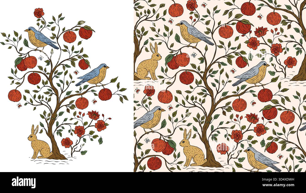 Garden Birds Fruit Tree Seamless Pattern and Card Print with Flowers and Rabbits in Vintage Vector Style Illustrazione Vettoriale