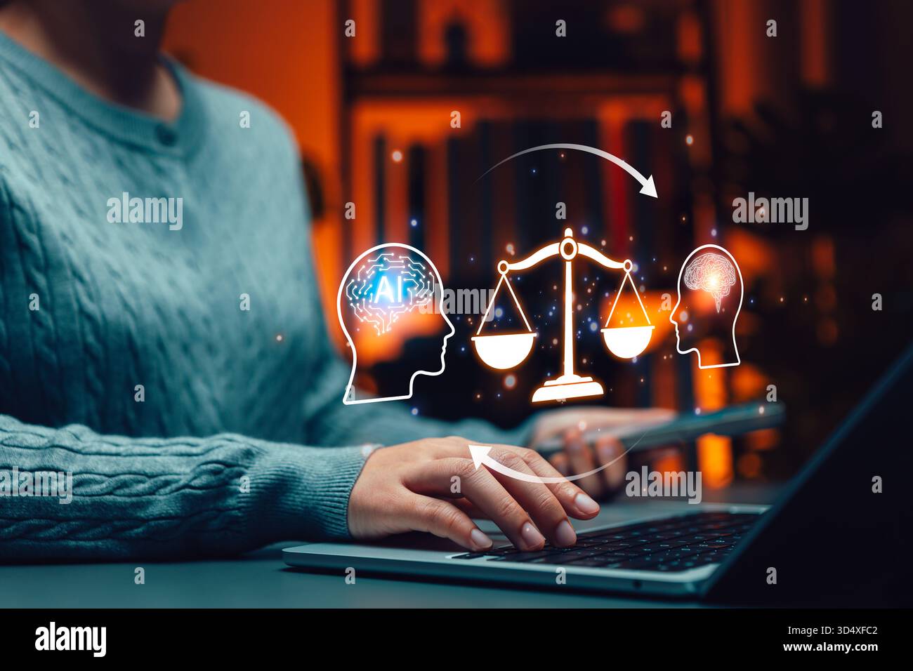 Etica DELL'INTELLIGENZA ARTIFICIALE e concetto di governance dell'intelligenza artificiale responsabile. Persona che utilizza un notebook con un'icona di intelligenza artificiale, cervello umano, scala della giustizia Foto Stock