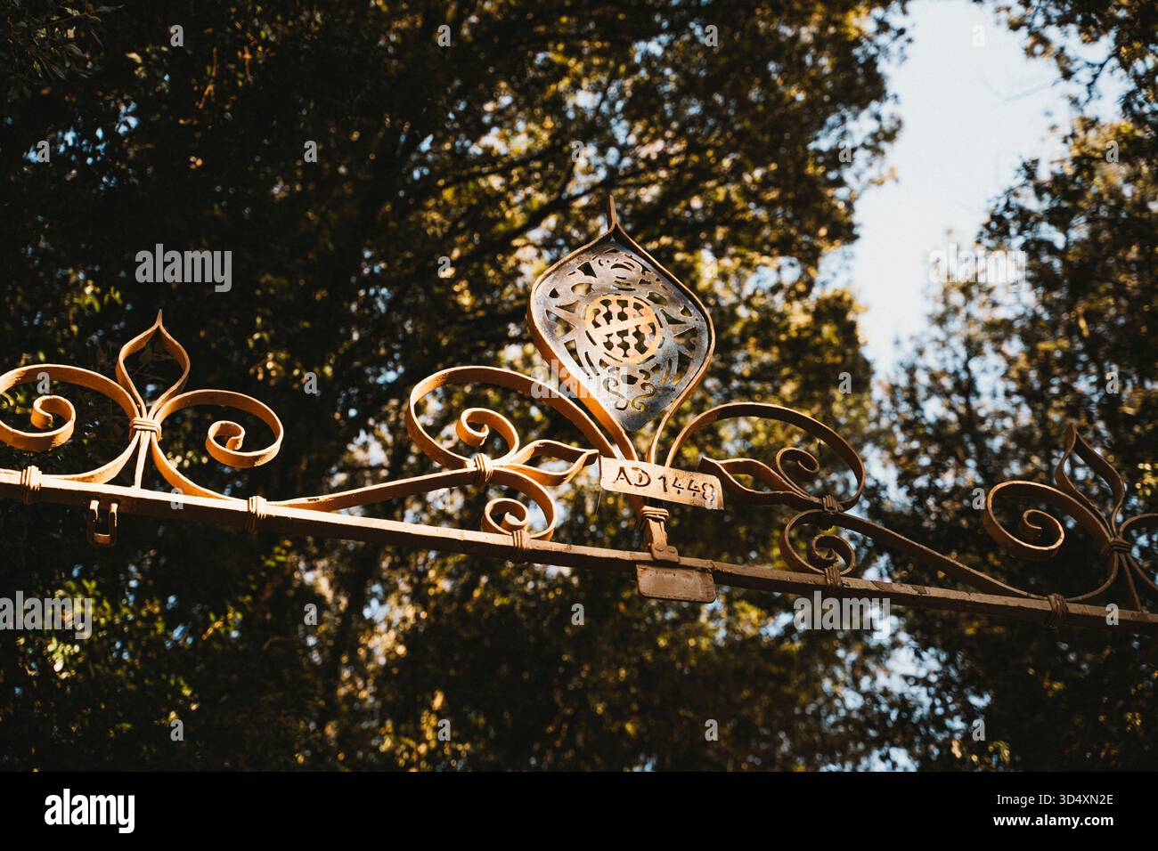 Cancello in ferro d'epoca con disegni ornati e un'iscrizione segnata nel 1448 d.C. L'intricata lavorazione dei metalli mette in risalto l'artigianato storico contro un backdro Foto Stock